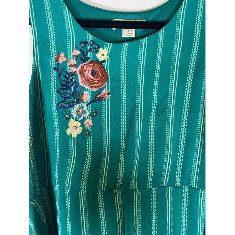 Girls Knitworks Green Embroidered Stripe Handkerchief Hem Sundress 12.5